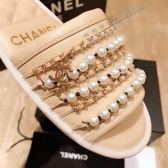 Chanel女鞋 香奈兒2020新款珍珠鏈條拖鞋  naq1293